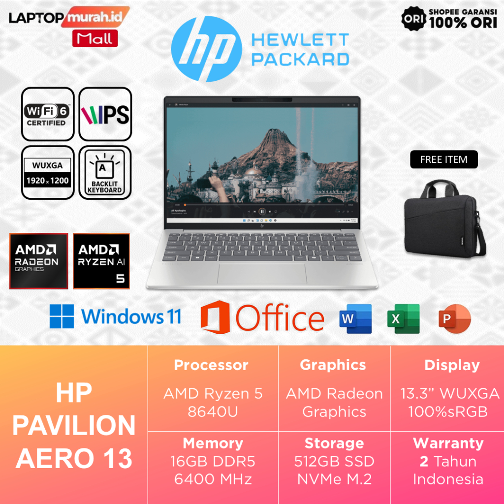 Laptop HP Ryzen 5 8640U 16GB 512GB 13.3" WUXGA 100%sRGB Windows 11 Pro - HP Pavilion Aero BG0111AU
