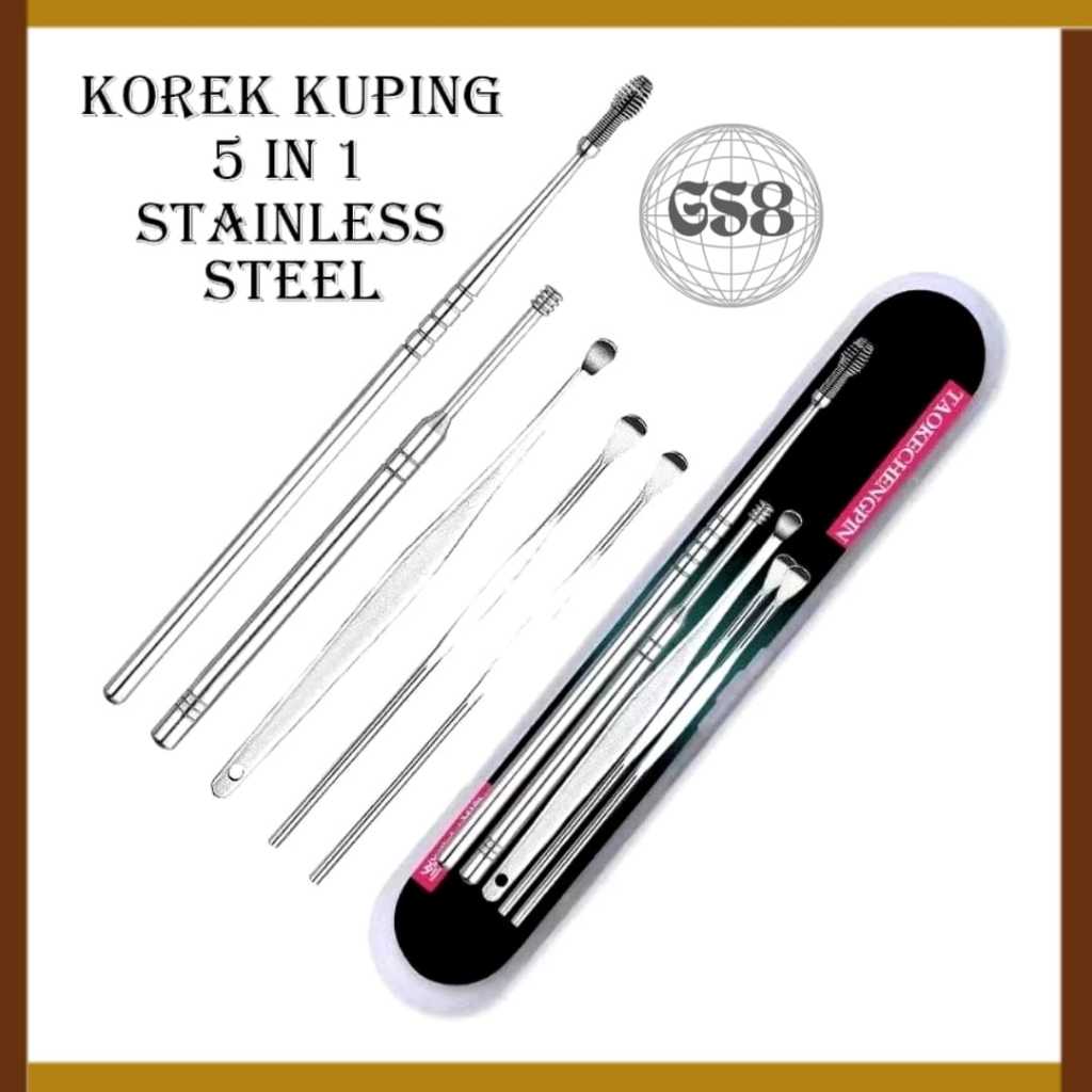(GS8)Korek Kuping /Alat Pembersih Kotoran Telinga Set Isi 5 Bahan Stainless