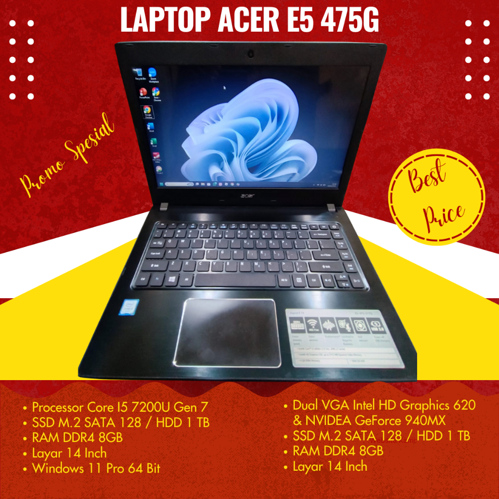 Laptop Acer E5 475G Core I5 7200U RAM 8GB DUAL VGA