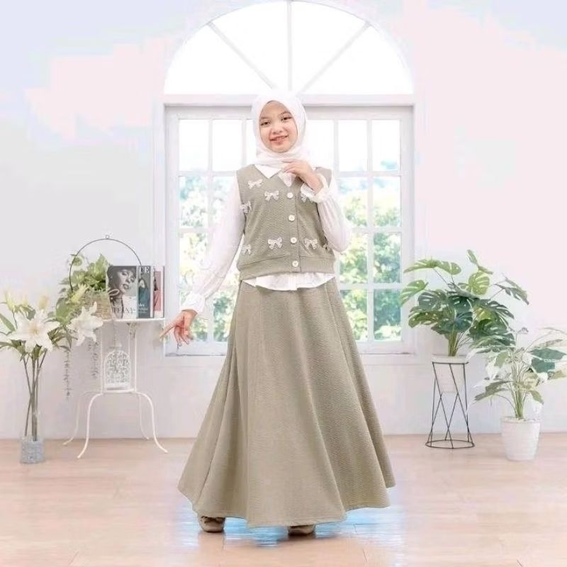 Baju Muslim Casual Anak Perempuan Untuk Anak Usia 8-12 Tahun Shakira Set Kids 3in1 Bahan Knit Floren