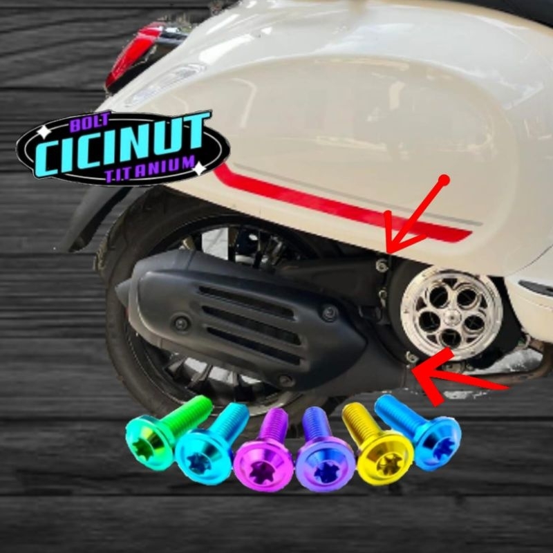 baut dudukan breket knalpot ke arm vespa matic titanium satu set 2 biji