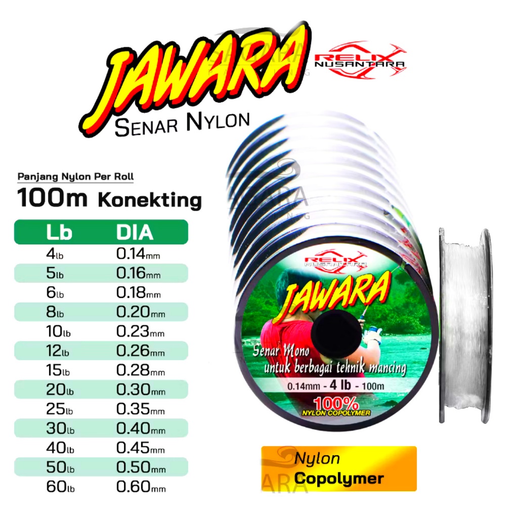 JAWARA RELIX NUSANTARA SENAR NYLON CONNECTING 100 METER NYLON COPOLYMER 4 5 6 8 10 12 15 20 25 lb