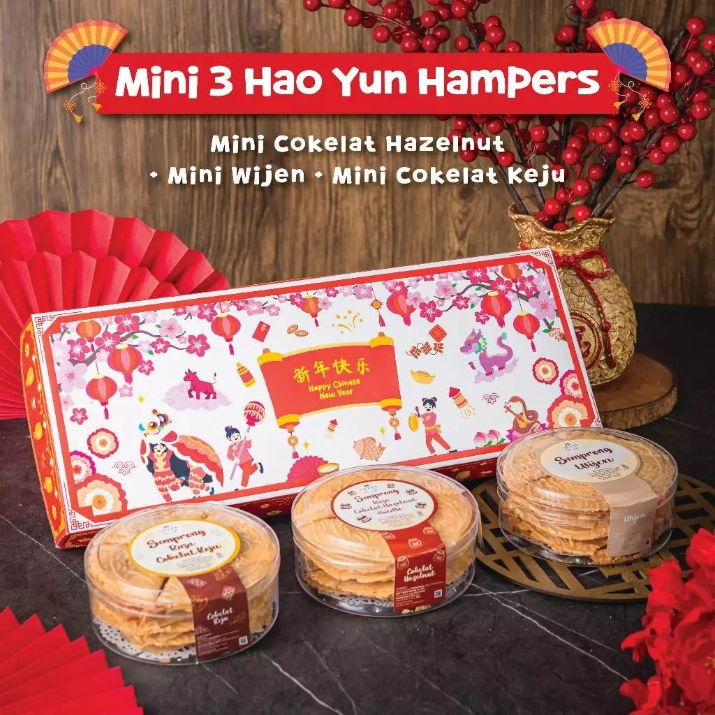 

Mini 3 Hao Yun Hampers Isi Mini Cokelat Hazelnut + Mini Wijen + Mini Cokelat Keju Loves Semprong