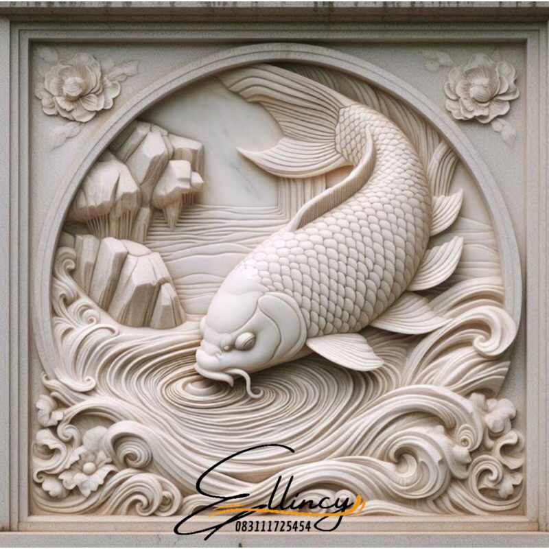 UKIRAN RELIEF BATU ALAM MOTIF IKAN KOMBINASI HIASAN DINDING AESTETIK