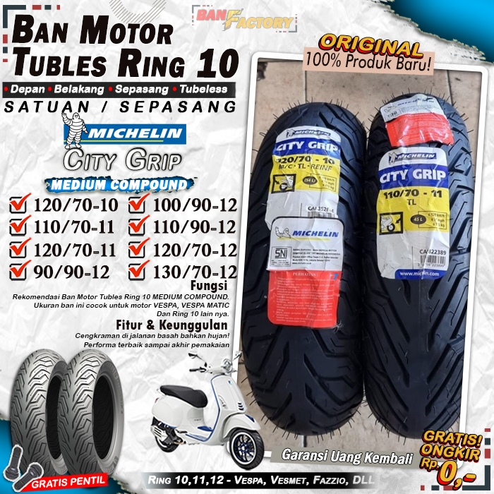 Ban Motor Vespa Michelin City Grip Ring 11 Tubles Ban Motor Tubeless Fazzio Freego Ring 12 Tubles