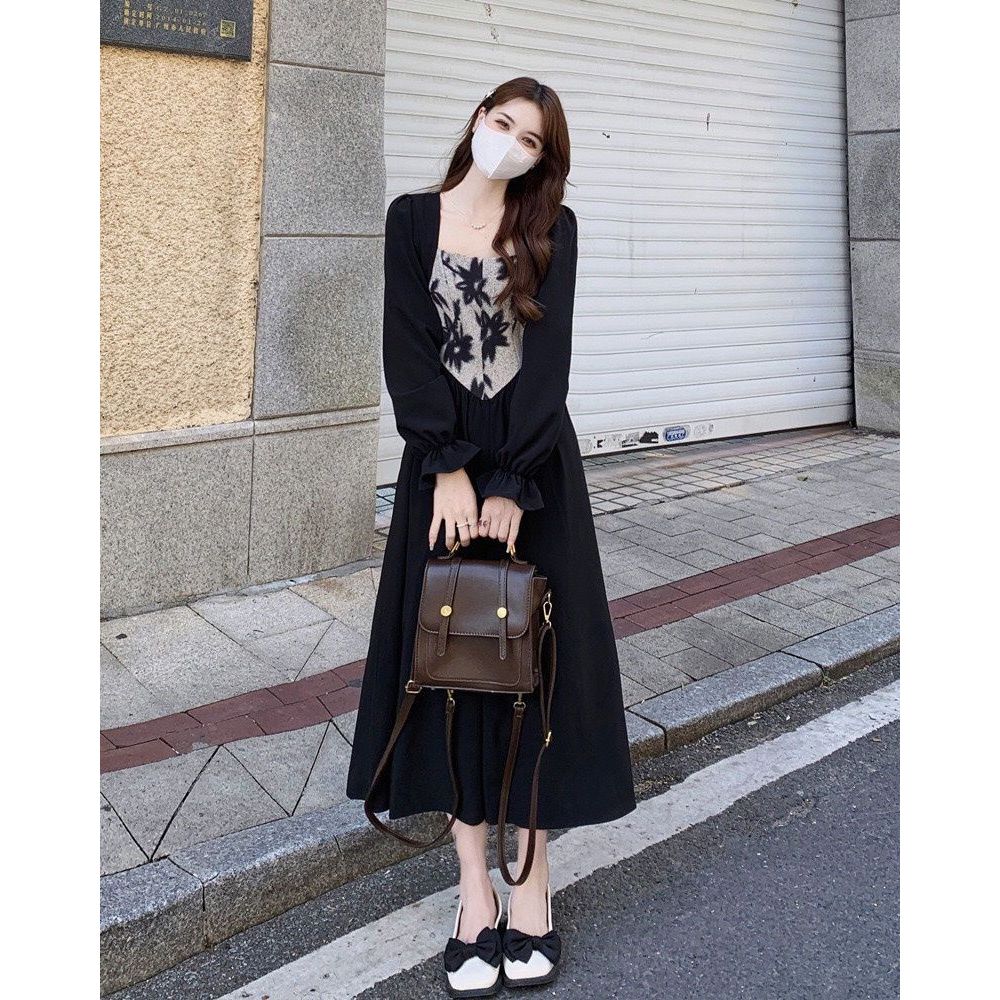 D249 Dress midi lengan panjang kombinasi batik leher kotak / dress a line gaun panjang