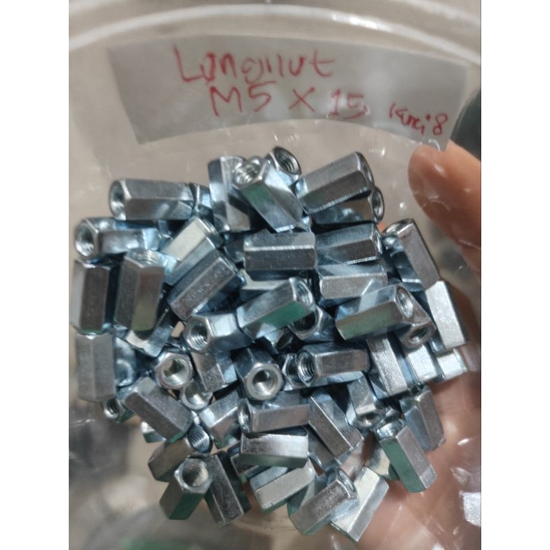 long nut m5 kunci 8 galvanis drat pitch 0.8 /long nut m5 x 15 mm kunci 8mm panjang 15mm 1,5cm/ longn