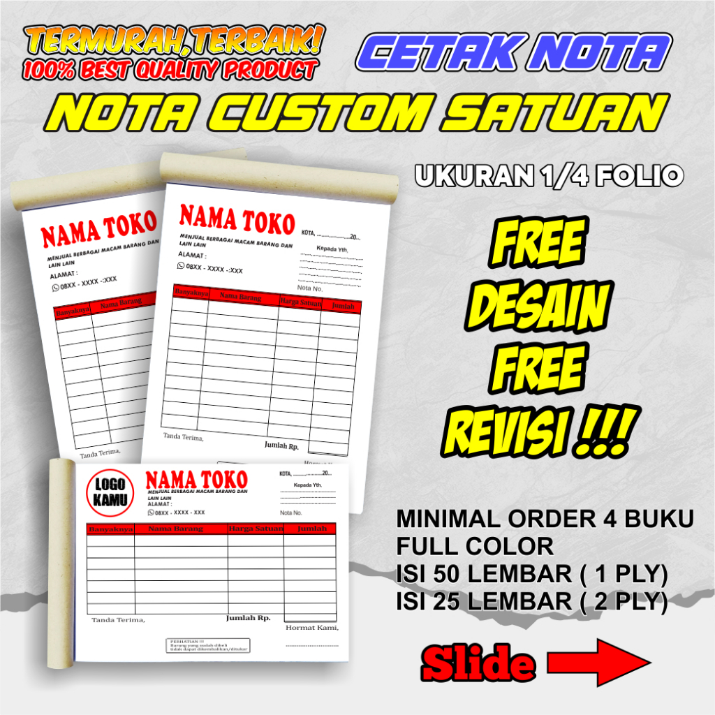 

Cetak Nota 1/4 Custom 1ply 2ply nota custom request nama toko olshop sendiri free desain full color