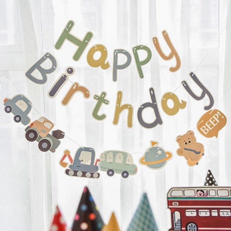 Banner tulisan happy birthday tema kendaraan pastel retro vintage bunting flag baner garland hiasan 