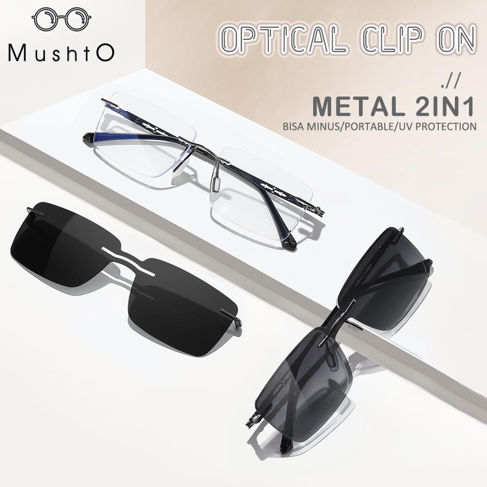 Mushto Kacamata 2in1 Lensa Polarized Clip On Style Fashionable Kotak Rimless Pria dan Wanita Frame M