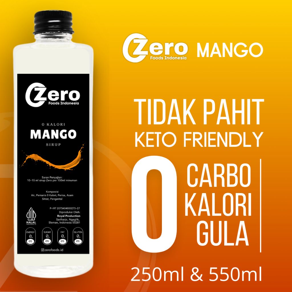 

Sirup Keto Diet 0 Kalori Bebas Gula Sugar Free non Stevia - ZERO - 250 ml, 550 ml Mango
