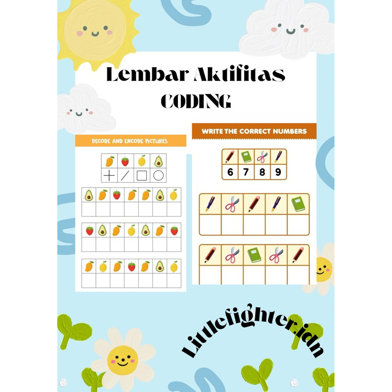 A lembar aktifitas coding aktivitas worksheet printable untuk anak 3-4tahun motorik halus kasar pdf