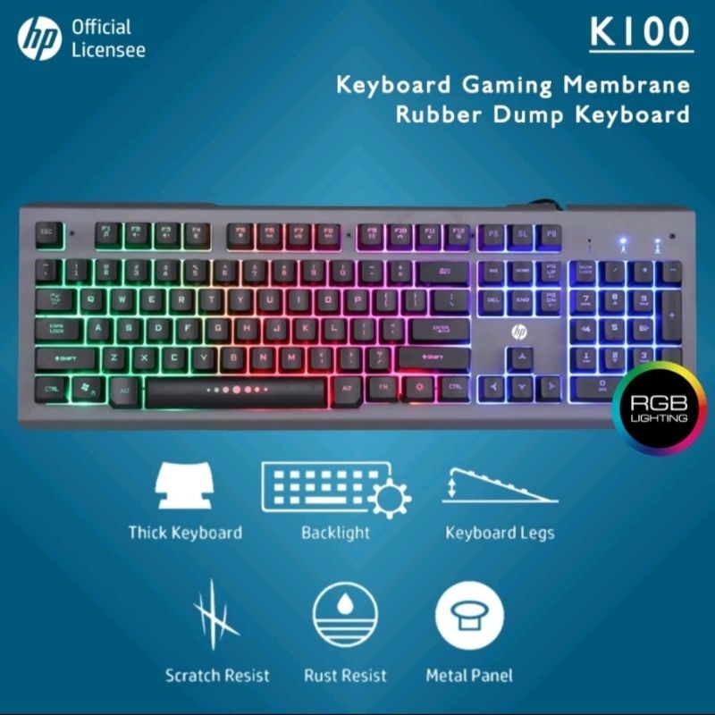 Keyboard Gaming HP k100 - Membrane Keyboard / Rubber Dump Keyboard Kabel RGB Lighting