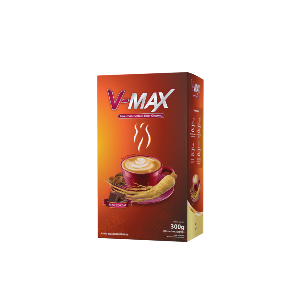 

V-MAX Kopi Ginseng Gula Aren dan Coklat Original BPOM dan HALAL - 1 BOX ISI 10 SACHET