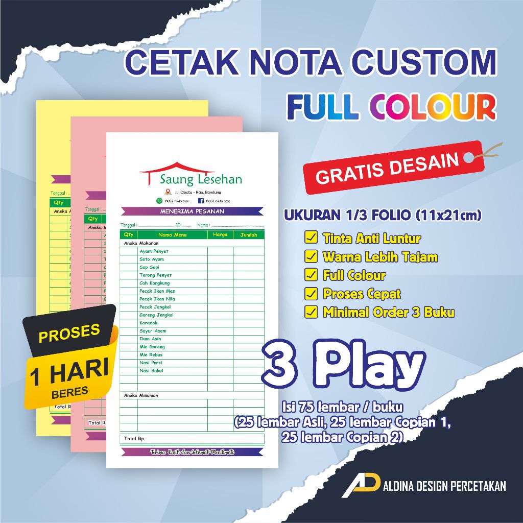 

Promo Nota Kontan 3 ply Custom ukuran 1/3 Folio Full Colour, Tinta PREMIUM anTI Luntur bahan NCR carbon harga ekonomis untuk Instansi UMKM lembaga dsb