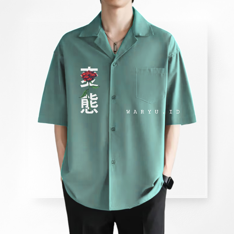 Kemeja Vintage Pria Lengan Pendek Kemeja Polos Pria Motif Kanji Jepang Kemeja Pria Kasual Terlaris