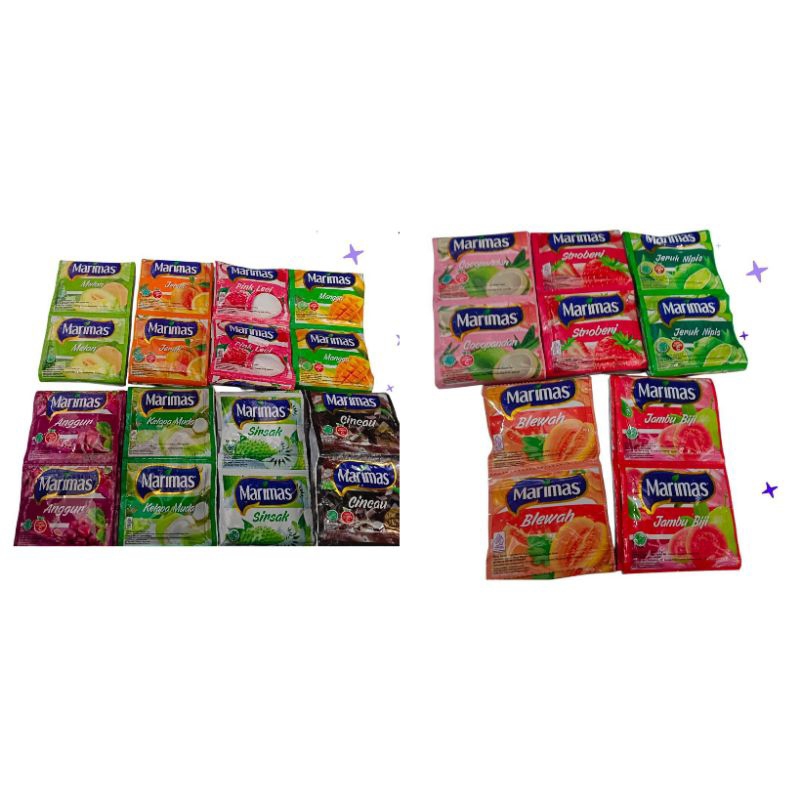 

Marimas minuman serbuk instan 1 renteng isi 10 pcsVarian Cocopandan 6gr Stroberi 6gr Jeruk nipis 6gr Blewah 6gr Jambu biji 6gr Melon 6gr Jeruk 6gr Pink leci 6gr Mangga 6gr Anggur 6gr Kelapa muda 6gr Sirsak 6gr Cincau 6gr