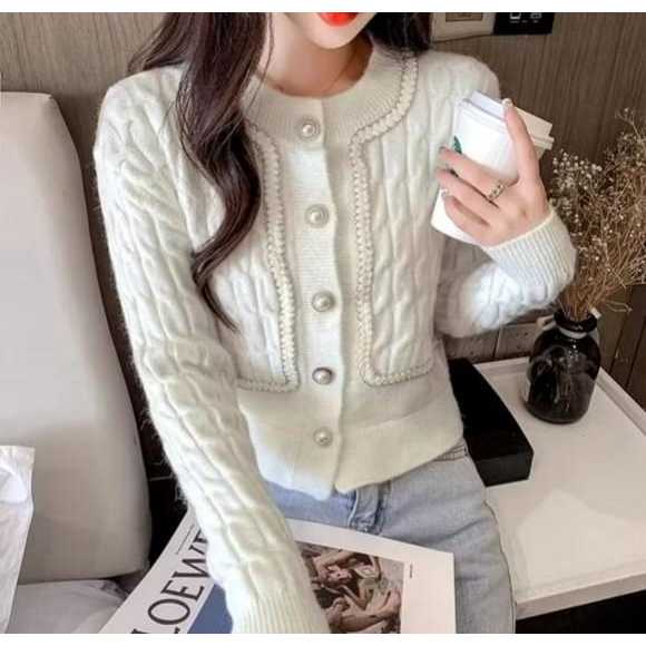Cardigan Rajut Kancing Mutiara Motif Ceble Cardigan Outer Sweater Atasan Rajut Tebal Knitwear Panjan