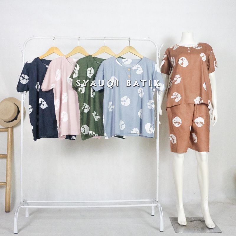 Setelan Baju Tidur Piyama Celana Pendek Wanita Dewasa  Motif Jumput Bahan Rayon