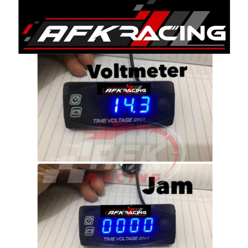 jam motor Volt meter 2 in 1 LED Biru Merah Voltmeter Digital Ukur aki motor universal vario mio beat