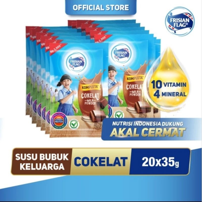 

frisian flag susu bubuk kompleta rasa cokelat 35 gram isi 10 pcs