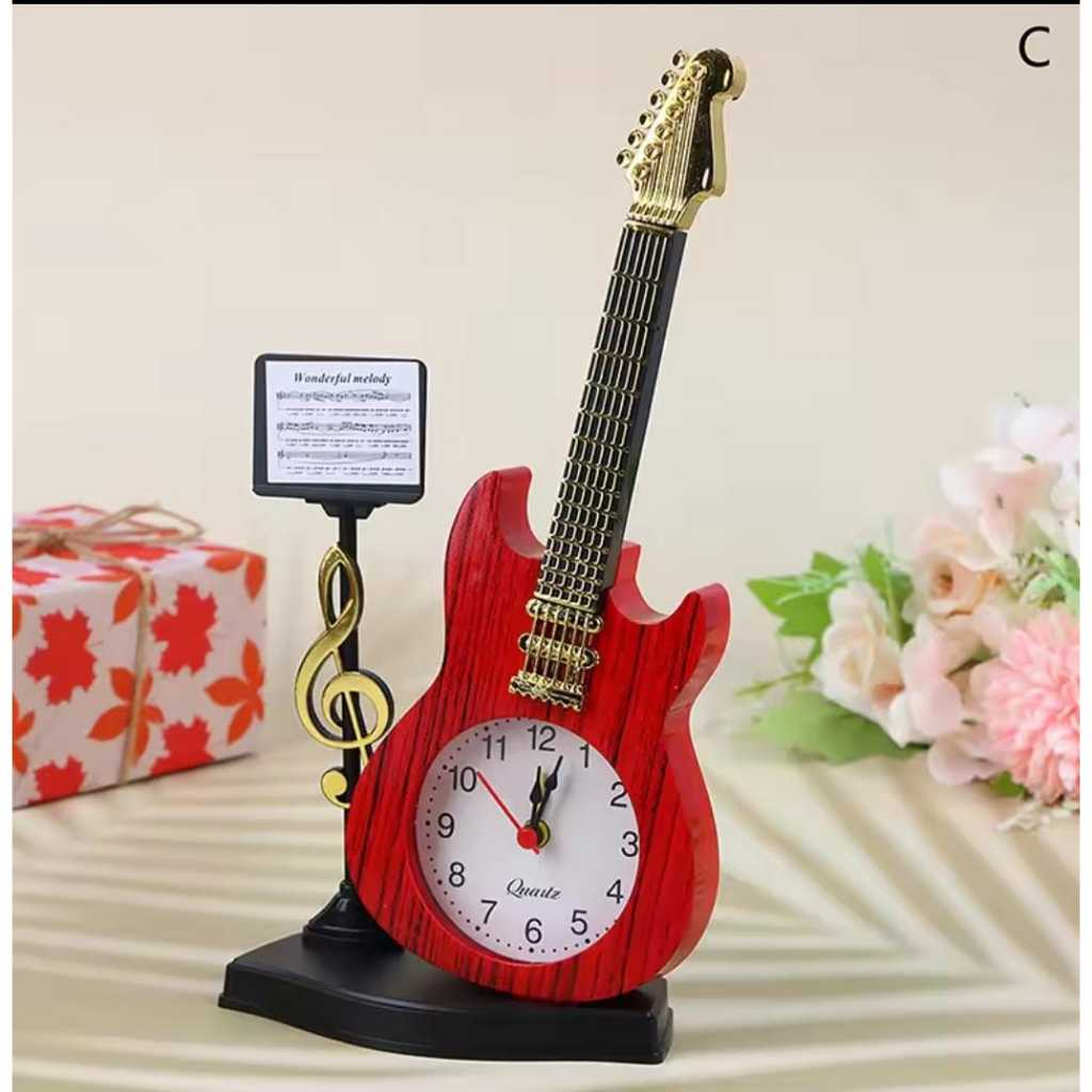 Jam Weker Alarm Gitar Kayu Tempat Pensil /Jam Meja Alarm