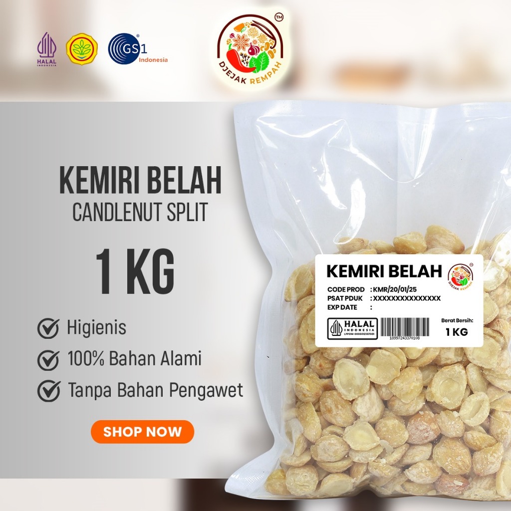

Kemiri Belah 2 premium rempah dapur (Kemasan Vakum 250 Gr - 1Kg)
