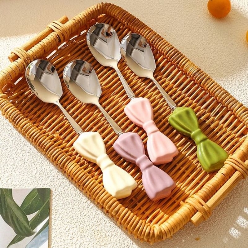 Lostklik Rb Set Sendok Garpu Pita Besar Keramik Stainless Dessert Korea Cantik Peralatan Makan