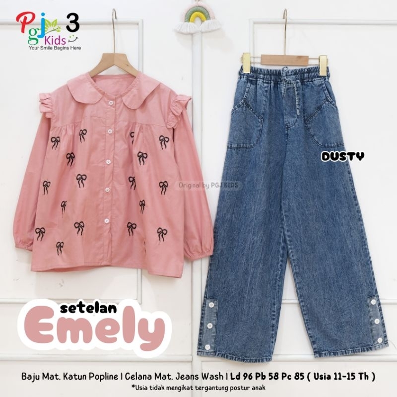 Emely setelan anak perempuan bahan katun motif pinta kancing depan + Celana Kulot Jeans Pinggang kar
