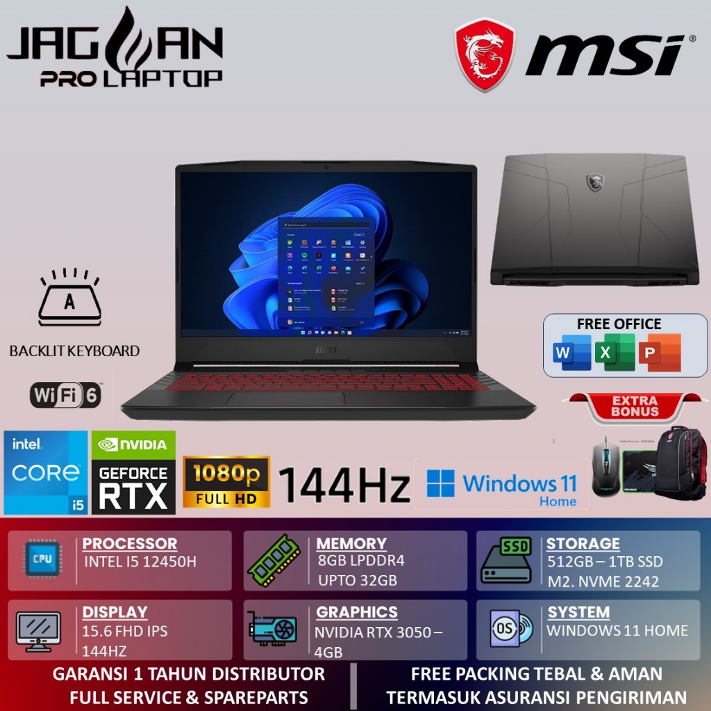 Laptop Gaming MSI PULSE 15 GL66 Intel I5 12450H 32GB 1TB SSD RTX3050 4GB FHD IPS 144HZ Win11Home