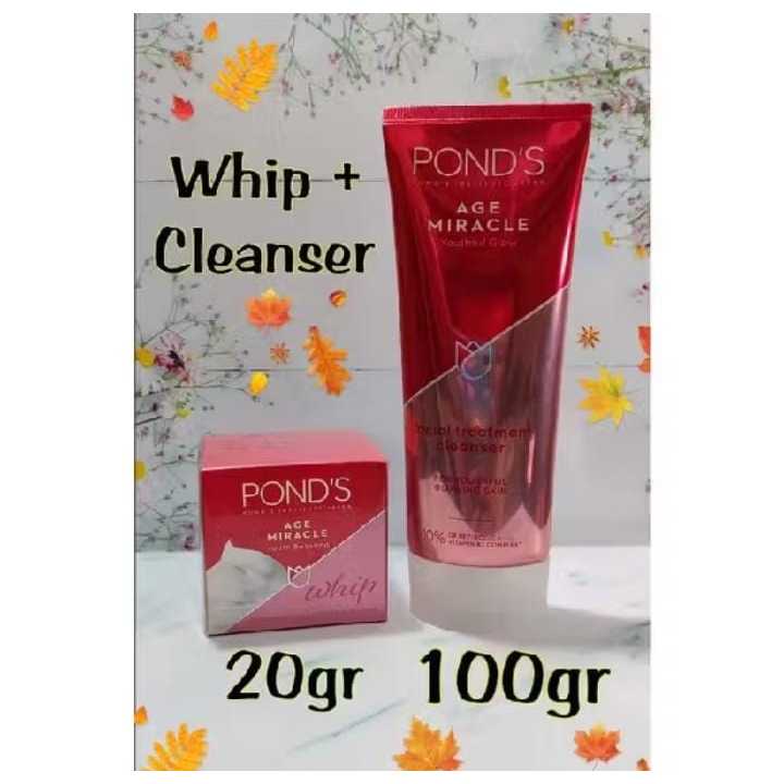 Paket Ponds Age Miracle Whip Cream 20gr + Facial Treatment Cleanser 100gr - Pond's Krim Siang dan Sa