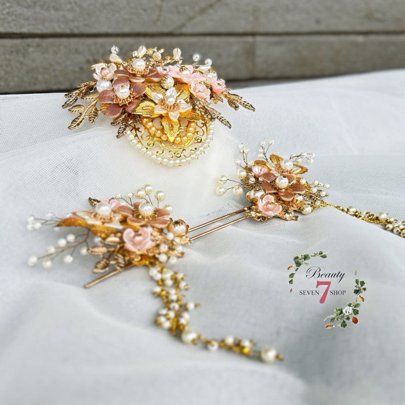 Tusuk Konde Set Mahkota Pink Rose Gold/Vintage Wedding Hairpiece/Mahkota Sangjit