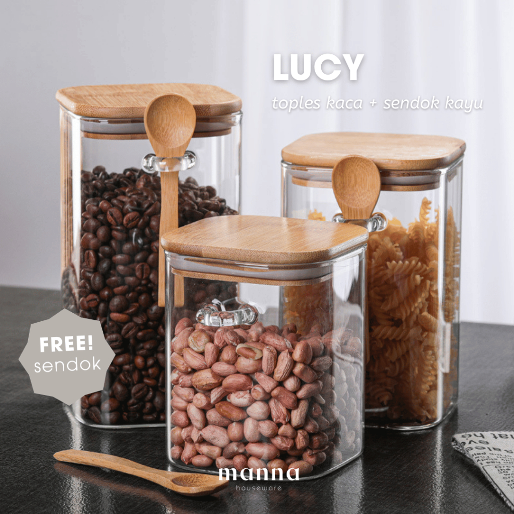 MANNA Lucy - Toples Kaca (GRATIS SENDOK KAYU) dengan Tutup Kayu Kedap Udara Toples Gula Kopi Teh