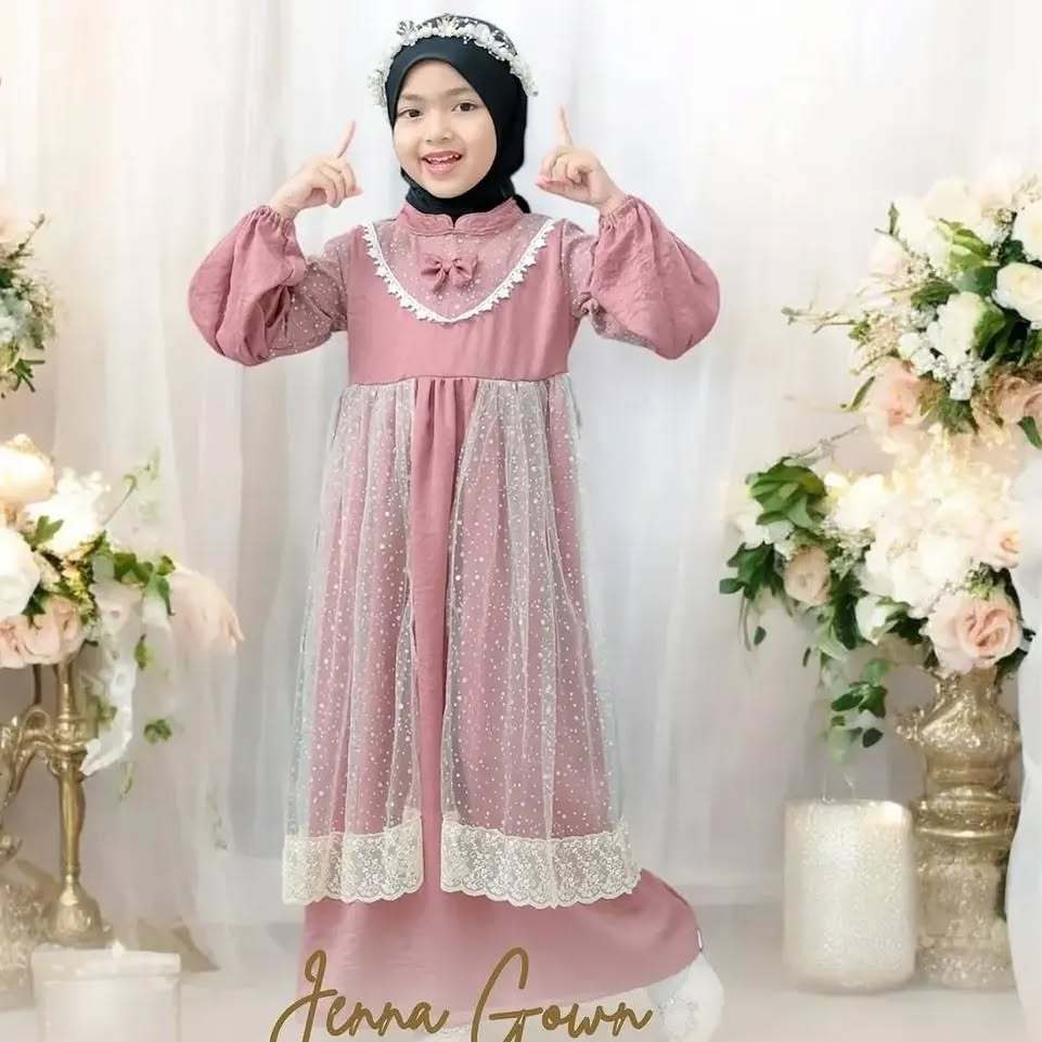 Jeena Dress Kids Gamis Anak Perempuan 8/11 thn Baju Muslim Anak Tanggung Terbaru 2025 Lebaran Mewah