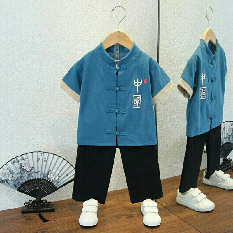 Setelan Cheongsam Anak Laki-Laki . Setelan Imlek Anak Laki-Laki . NC-041 biru