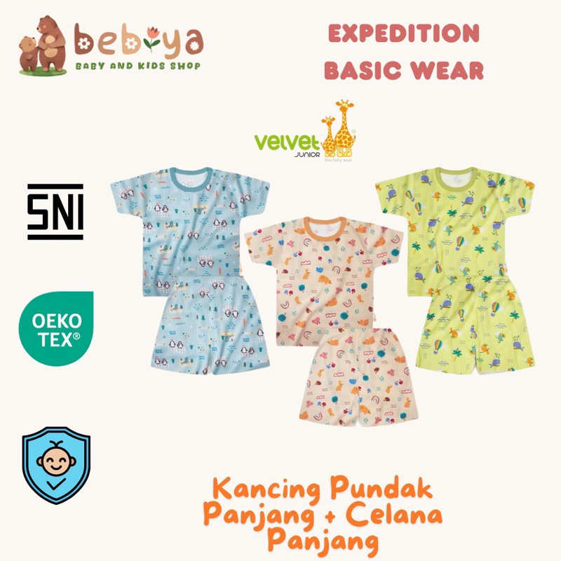 Velvet Junior Terbaru Setelan Celana Pendek Lengan Pendek Kancing Pundak Expedition Series Baju Anak