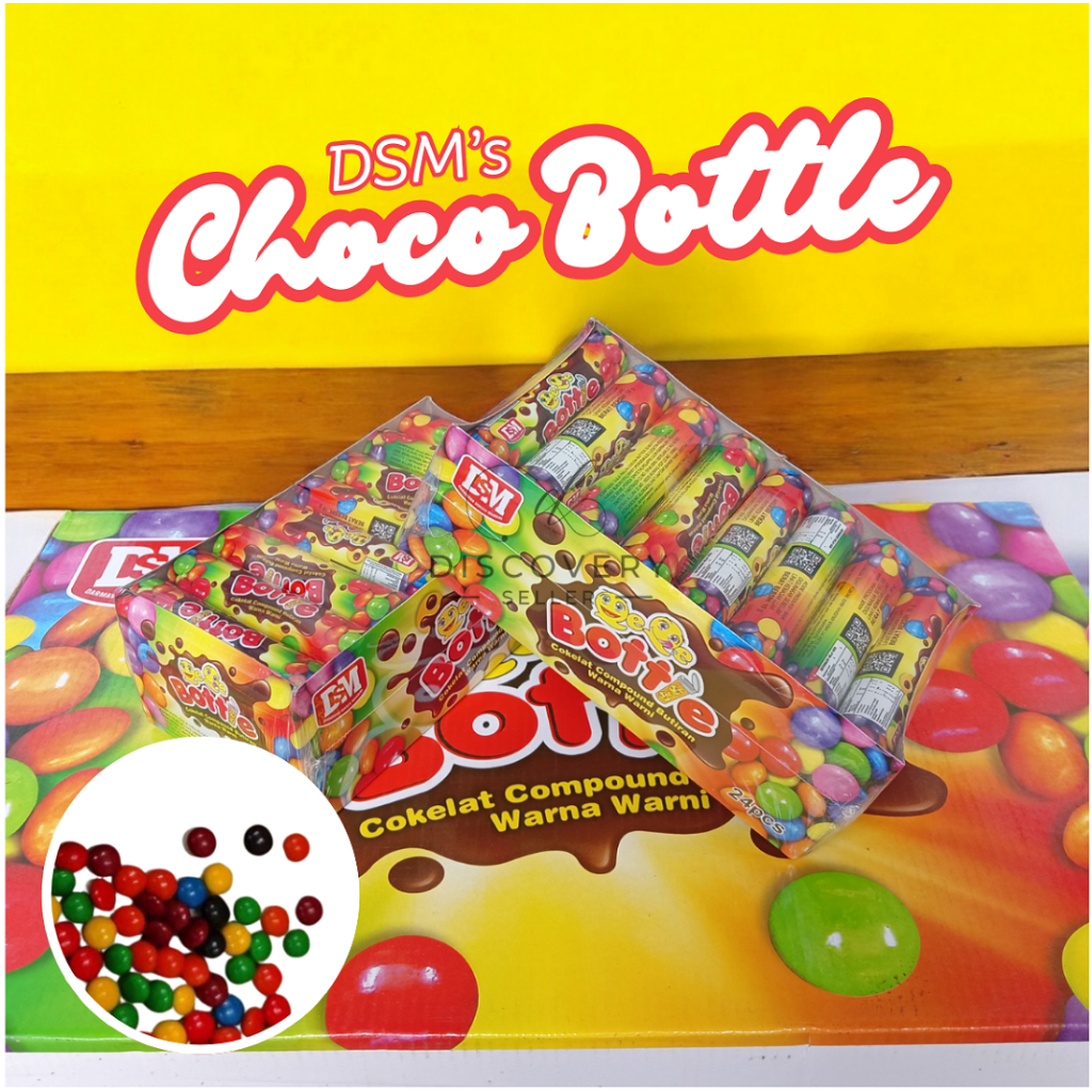 

DSM Choco Bottle Aneka Warna Coklat Compound Bulat Mini Warna Warni 1 Box Isi 24 Bottle