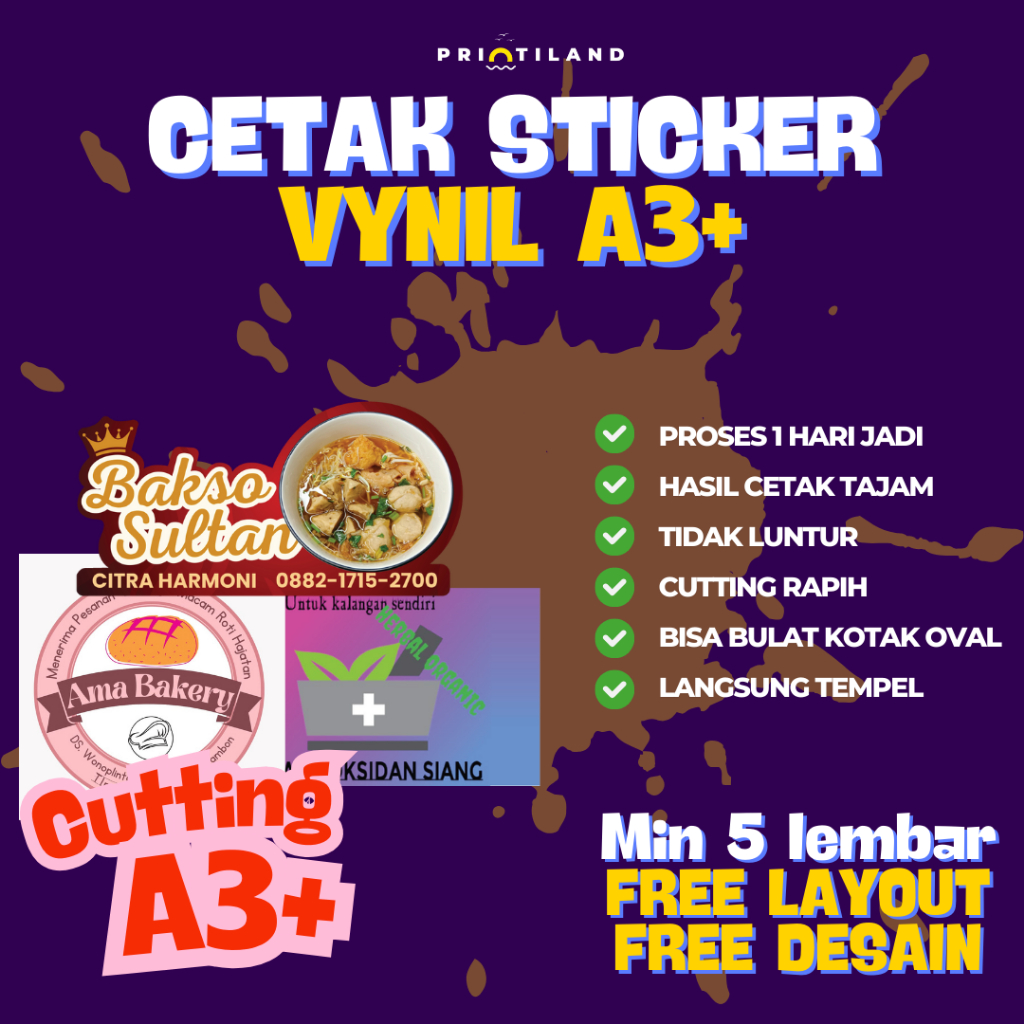 

CETAK STIKER A3+ VYNIL + CUTTING DIECUT/KISSCUT - FREE LAYOUT FREE DESAIN