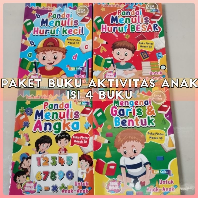 (Paket isi 4Buku) Buku Pandai Menulis Angka, Menulis Huruf Besar Kecil & Garis Bentuk - AHE