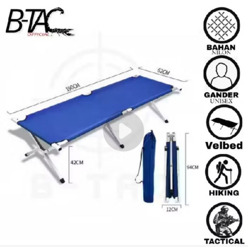 velbed alminium/tempat tidur lipat outdoor tni polri untuk beban maksimal 150kg warna biru