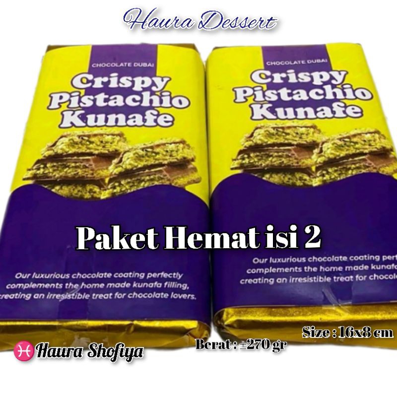 

PAKET HEMAT ISI 2 ,Coklat Dubai Crispy "PISTACHIO KUNAFE" Berat ±270 gr ,Size 16x8 cm , Cokelat Viral Lumer Dimulut Chocolate Original Cemilan Makanan Choco Food