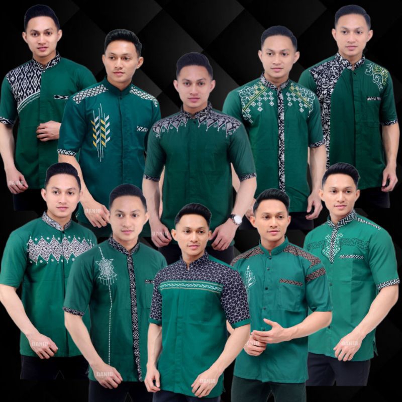 New Koko Kombinasi Bordir Atasan Baju Muslim Pria Pendek Warna Hijau Botol / Hijau Muda / Hijau Tua,