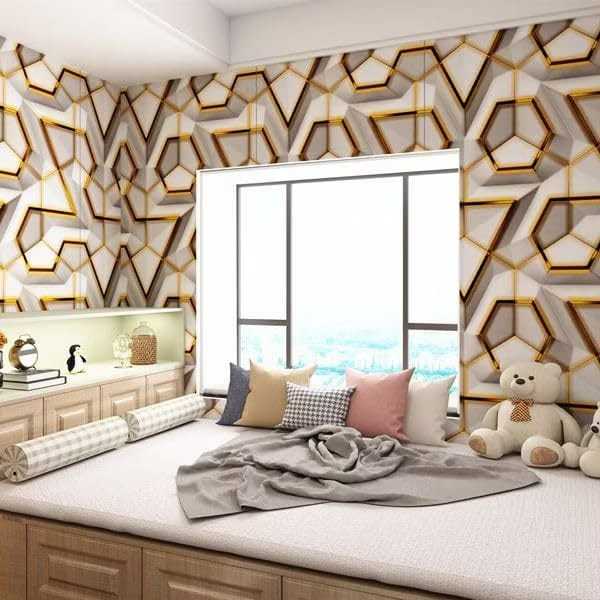 WALLPAPER STICKER DINDING GEOMETRIC 3D PUTIH LIST GOLD