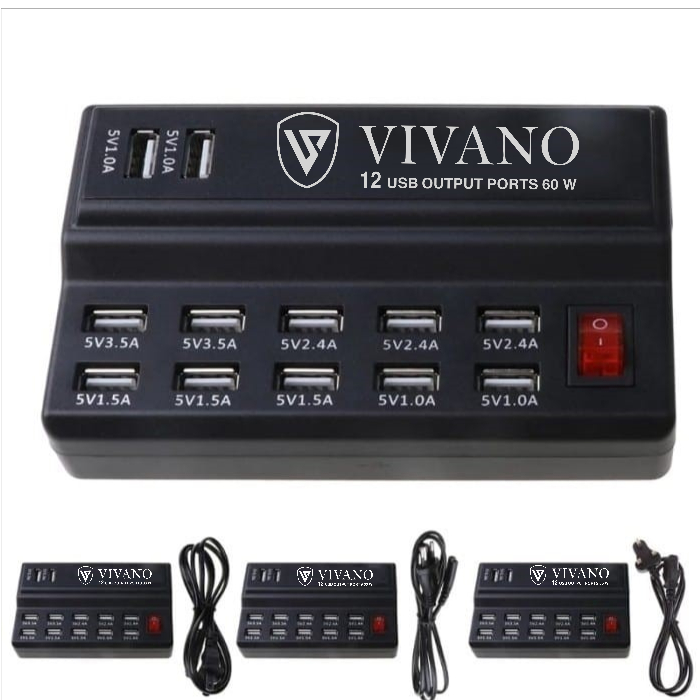 VIVANO Adaptor Charger USB 65W 60W 5USB 10USB 12USB Power Adapter station 12 Port Fast Charger