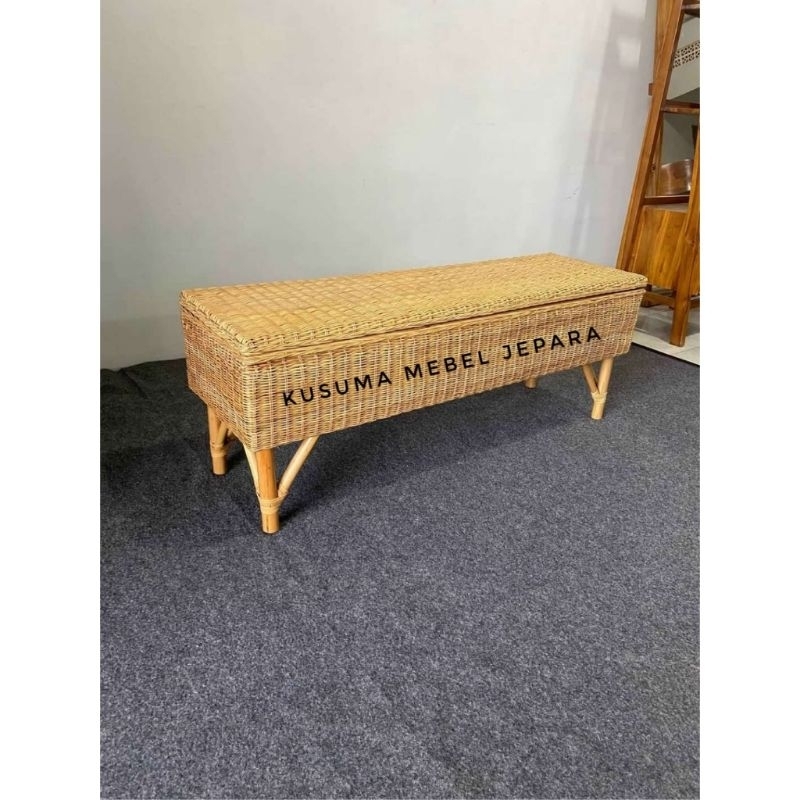 Bangku Rotan Rangka Kayu Jati Multifungsi (Panjang 200cm Lebar 50cm Tinggi 45cm)
