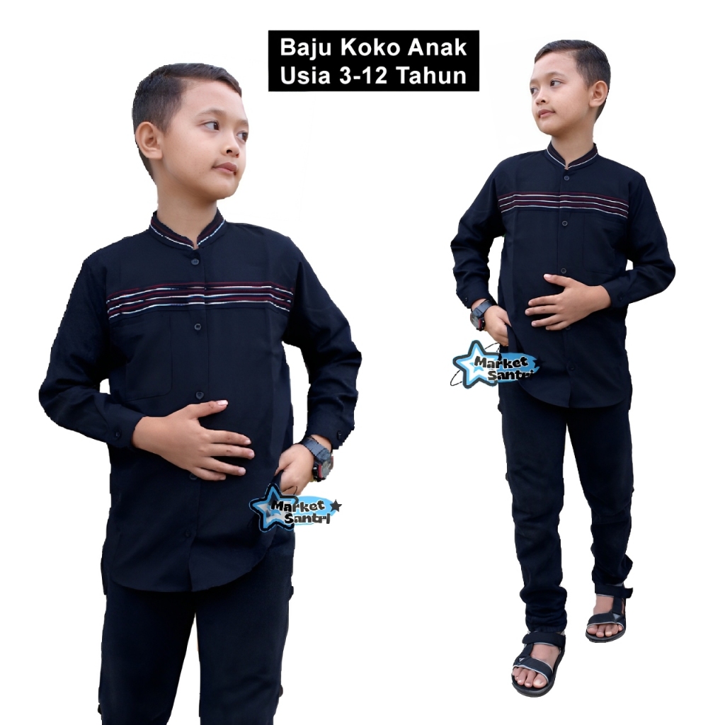 Kemeja Anak Laki Laki Hitam Lengan Panjang Usia 3-13 Tahun Atasan Baju Koko Anak Hitam Polos