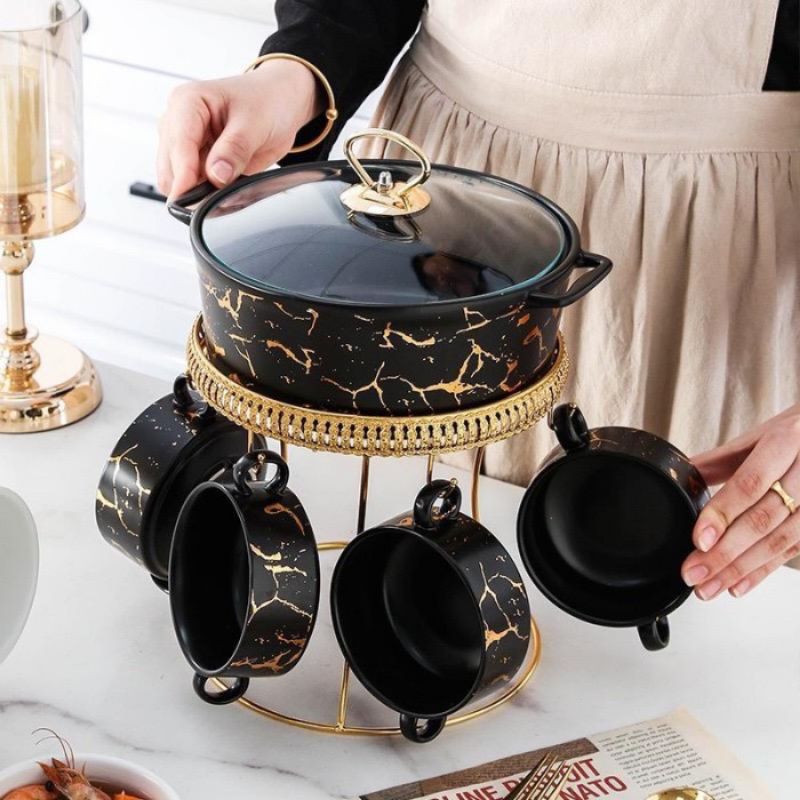 Mangkok Set Sop Keramik dengan Rak Motif Marble BATAM