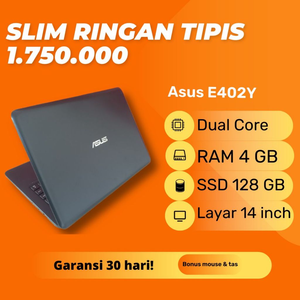 Laptop Asus E402Y Hitam RAM 4GB SSD 128GB Windows 10 Slim Tipis Second Bekas