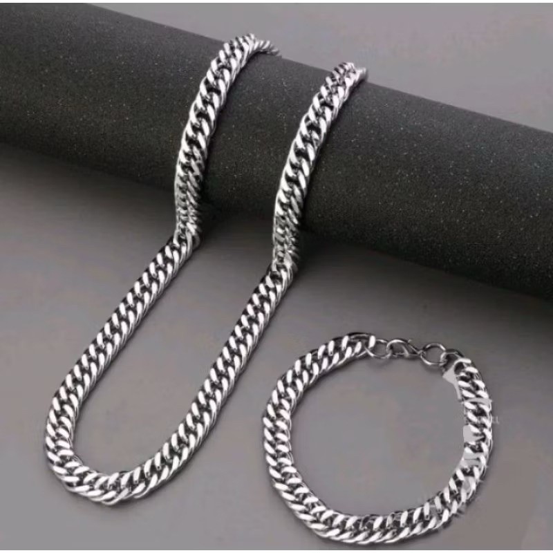 SATU SET KALUNG DAN GELANG TANGAN RANTAI TITANIUM MODEL RANTAI DABEL PRIA DAN WANITA