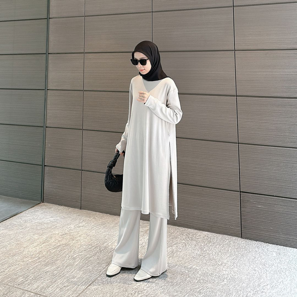 Yura One Set 2 in 1 Tunik + Kulot Snowy Rib Knit Polos Basic Setelan Wanita Korean Style Hijab